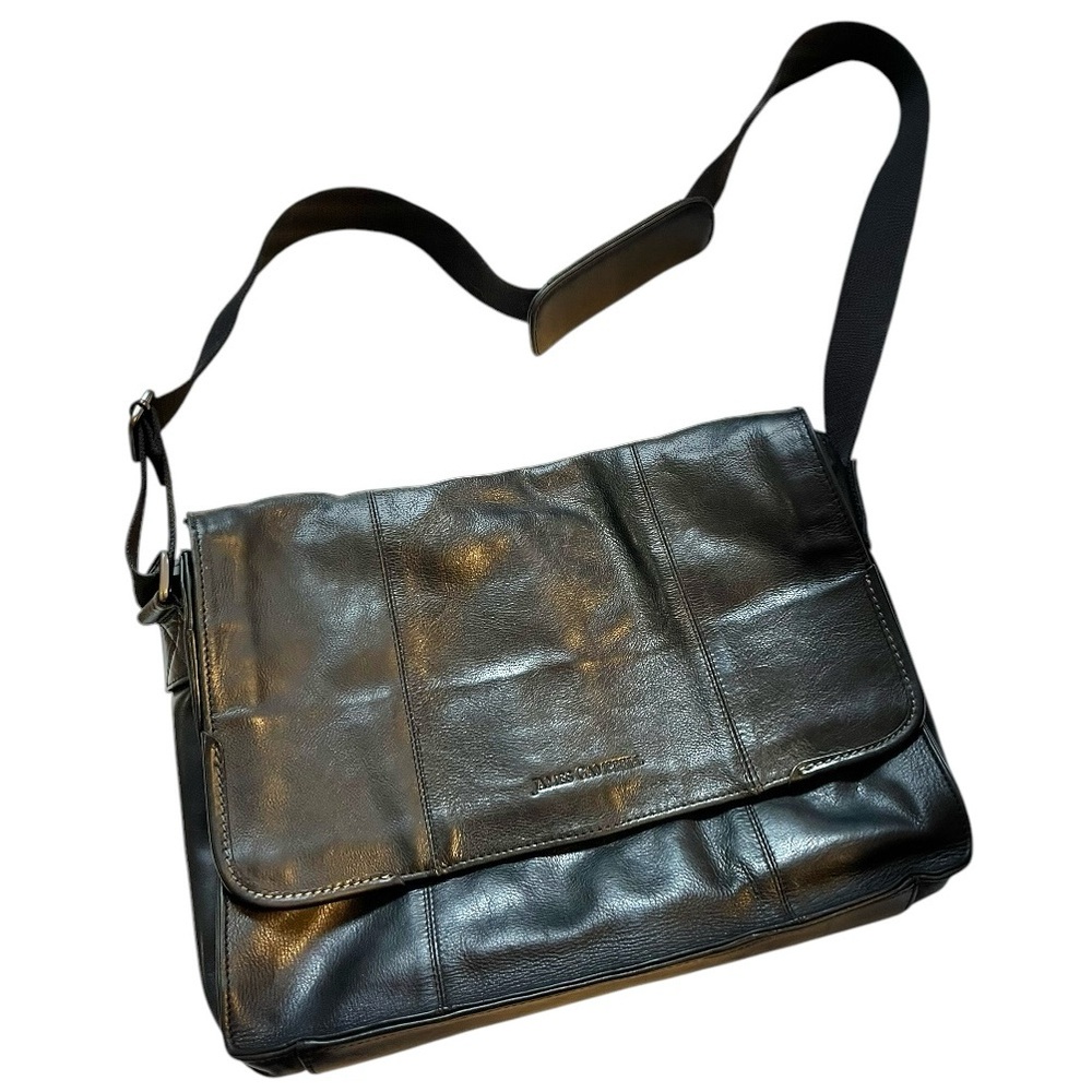 James Campbell black leather laptop messenger bag 15” x 11.5” classic versatile